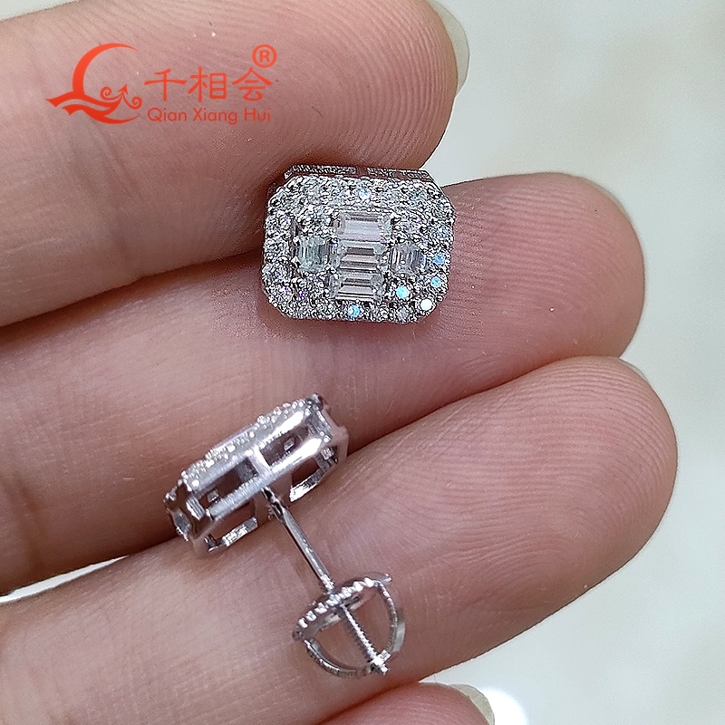 10mm Rectangle Cross Baguette Moissanite Stone Ear Stud S925 Silver D VVS Womens Wedding Jewelry Gift Earring for Dating
