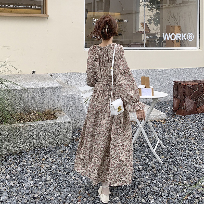 X300 Floral Dress Women Spring French Gentle Tea Dress V-neck Floral Dress