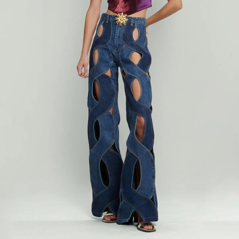 Hit Color Hollow Denim Trouser Womens High Waist Patch Work Pocket Casual Loose Straight Jeans Womens Fashion 250314