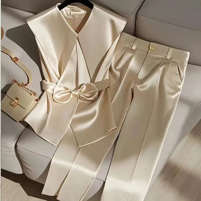 Fashion Satin Celebrity Outfits Elegant OL Peter Pan Collar Bow Sleeveless Vest High Waist Wide Leg Pants Two Piece Set 376P 250320