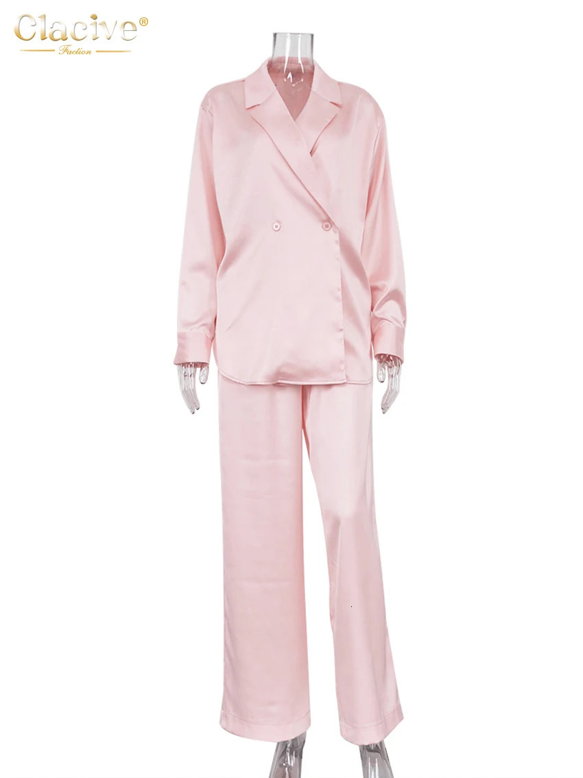 Clacive Fashion Loose Pink Satin Pants Sets For Women 2 Pieces Elegant Long Sleeve Shirt With High Waist Wide Trousers Suits 250320