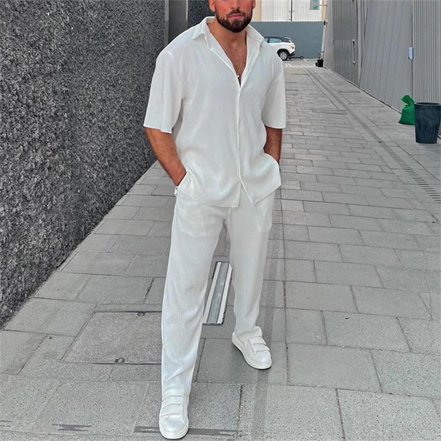 White mens pants set with lapel buttons short sleeved shirtpants casual beach set mens clothing two-piece sportswear 250314