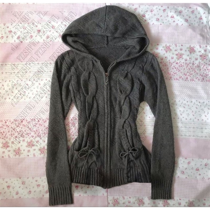 Y2k Streetwear Knitted Zipup Hooded Cardigan Women Long Sleeve Sweater Harajuku Vintage Casual Slimfit Top Coat emo 250225