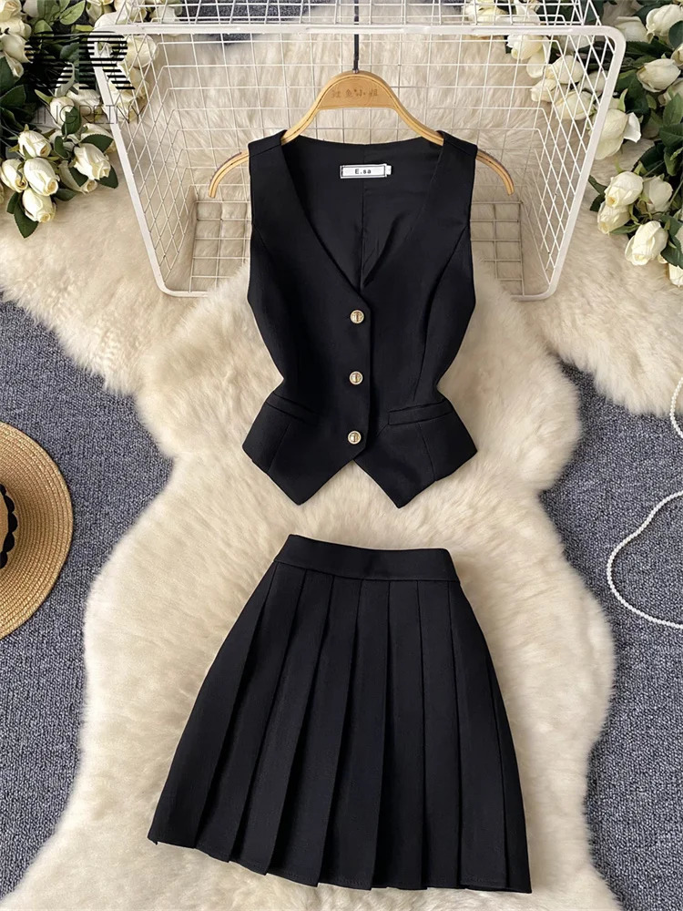 SINGREINY French 2pcs Suit Women Summer Single Breasted Basic CamisoleZipper Pleated Skirt Ladies Fashion Two Pieces Set 250320