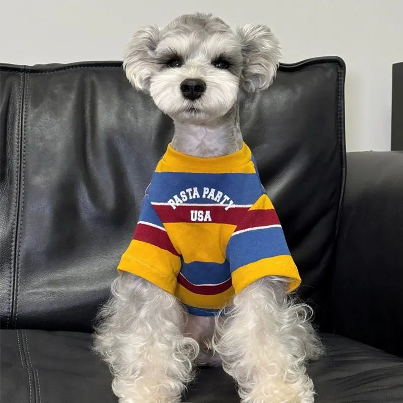 Yellow blue red striped T-shirts dog clothing vintage shirts small dog clothing cat printed clothing spring autumn Yorkshire pet supplies 250318