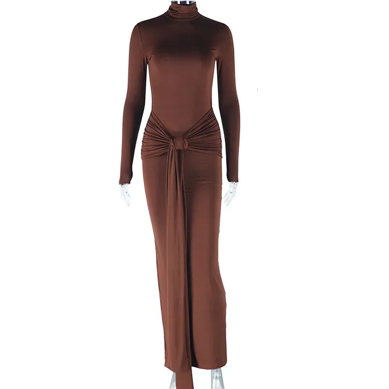 CMYAYA Womens Full Sleeve Turtle Neck Ribbon Ruffle Long Dress Spring Sexy Street Slimming Evening Club Party 250320