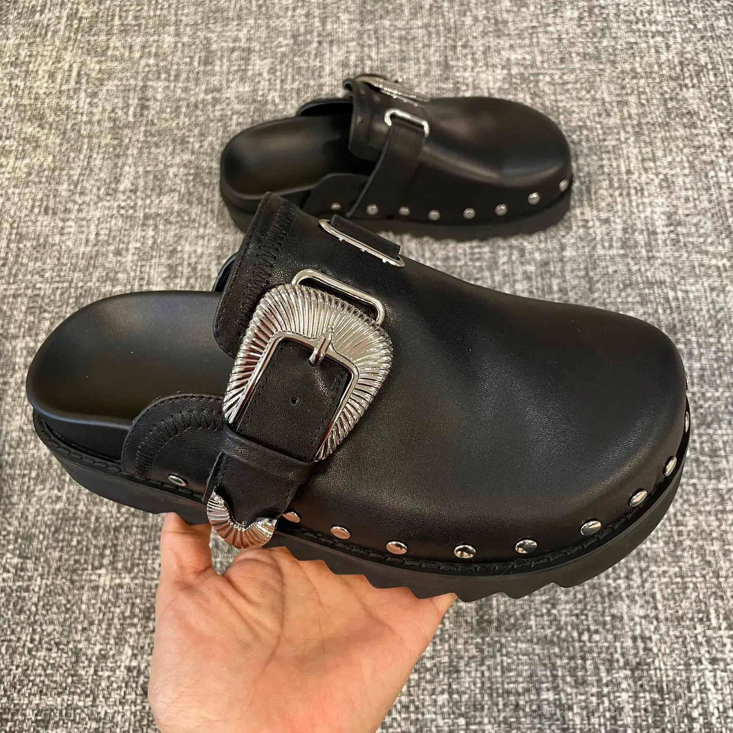 Black personality unique retro summer womens shoes cowhide platform sandals all leather 250321BJ - view 5