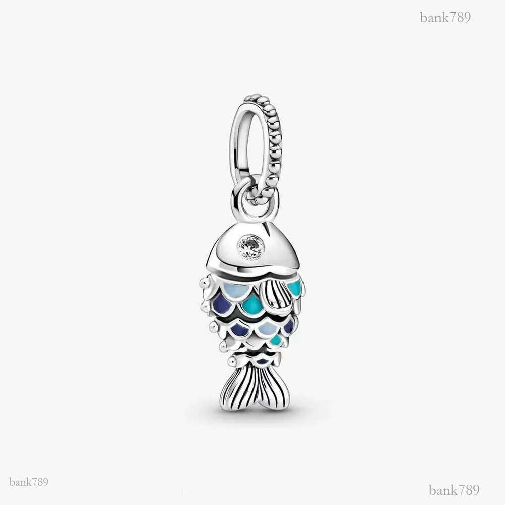 Authentic 925 Silver Beads Bracelets Sparkling Blue Scaled Fish Dangle Charm Slide Bead Charms Fits European Style Jewelry Bracelets Murano