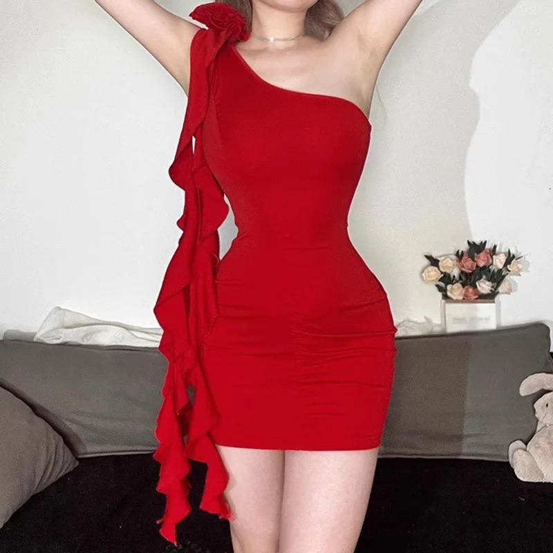 Oblique Shoulder Sleeveless Dress Womens Ruffle Ribbon Ultra Thin Asymmetric Backless Party Club Sexy 250320