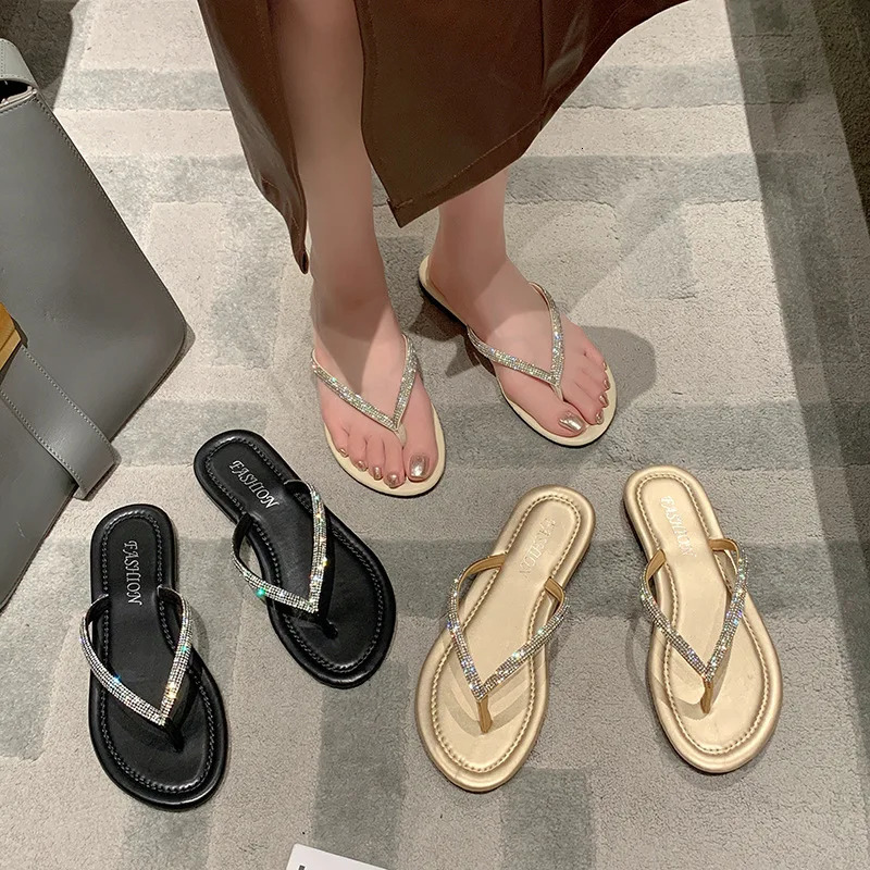 Womens summer slider beach anti slip slider flip casual womens shoes flat bottomed rhinestone beach slider solid Pantuflas 250318