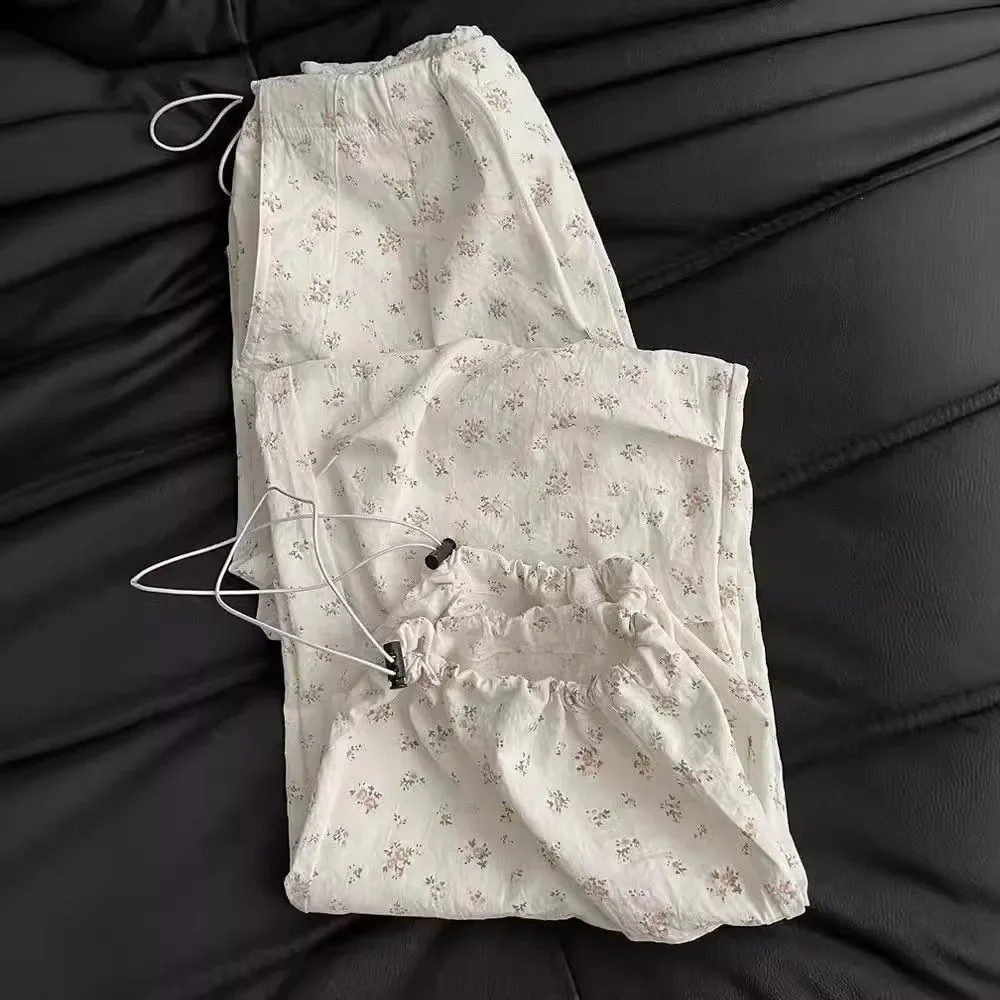 Retro style high waisted loose casual womens sports pants for summer 2025 American floral commodity white 250320