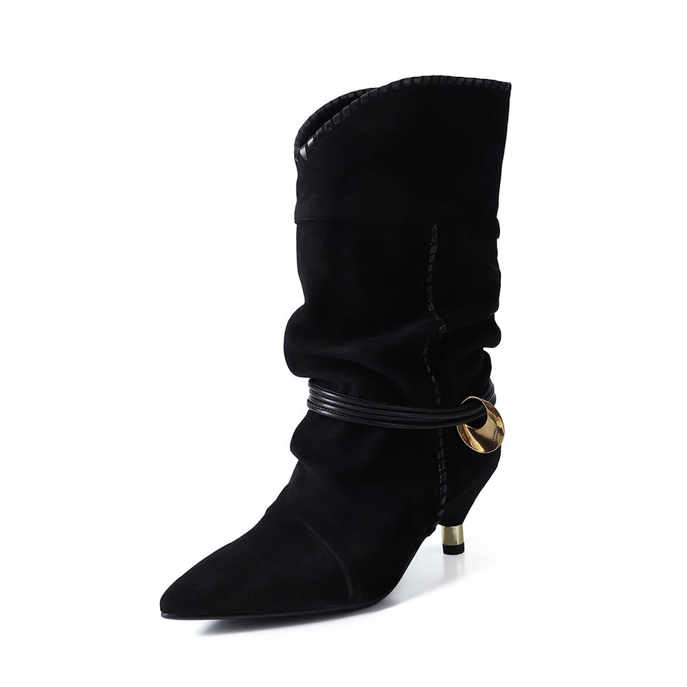 2025 pointed short for women with height increasing folds, two wearing niche frosted cat and western cowboy pile boots