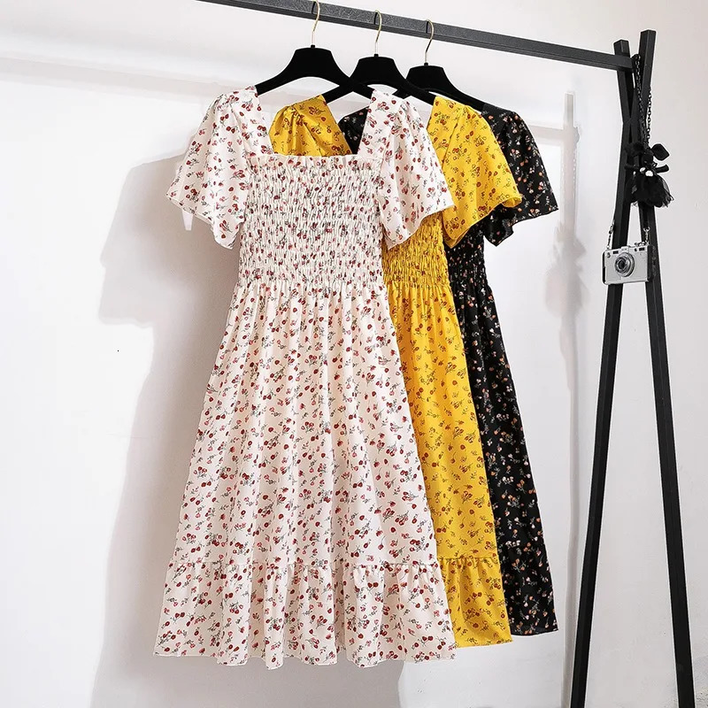 Spring and summer chiffon dress womens Midi dress womens short sleeved elastic waist printed floral pleated backless casual dress 250317