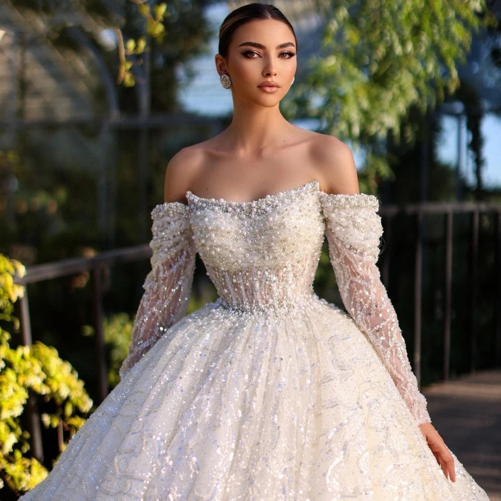 Gorgeous Women Wedding Off Shoulder Long Sleeves Bridal Gowns Pearls Sequins Sweep Train Dress Custom Made