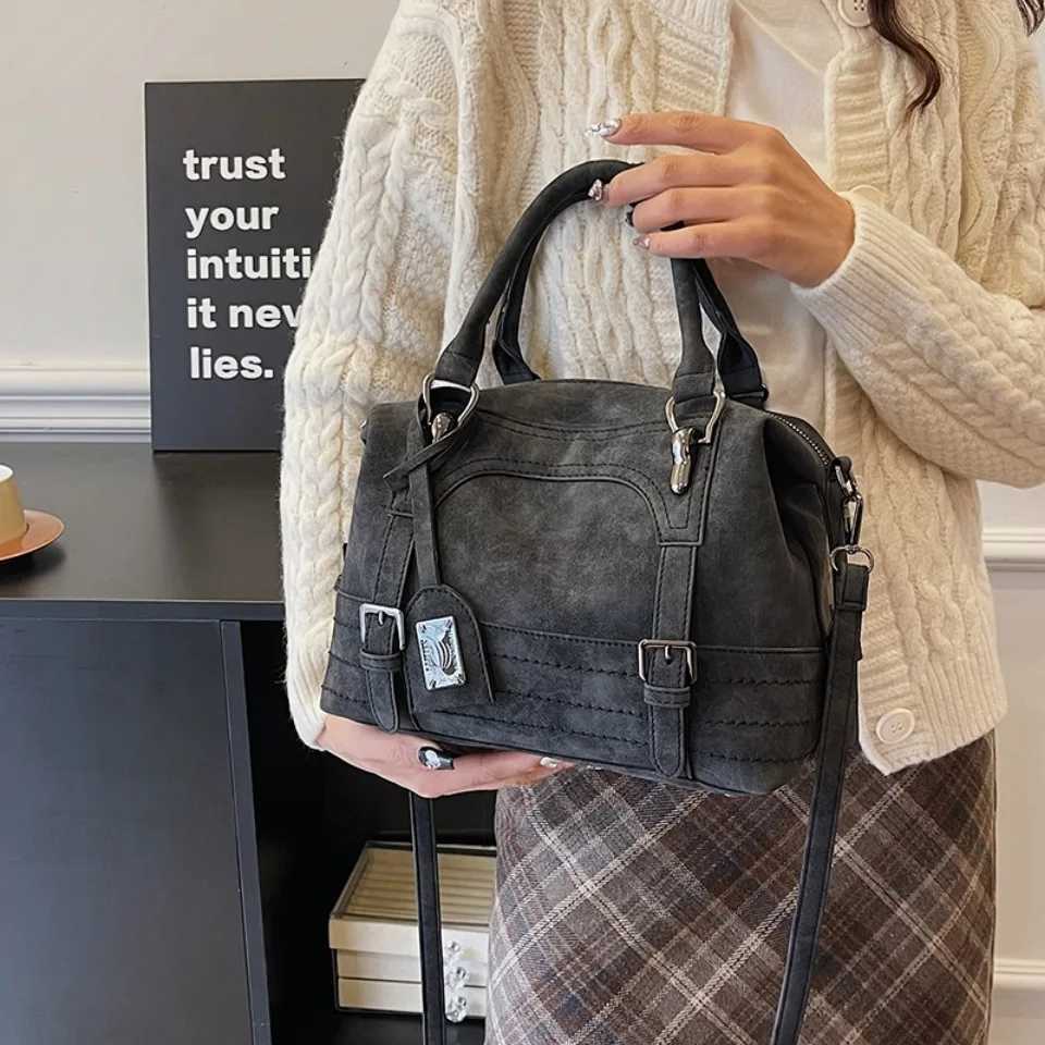 Retro belt luxury womens handbag artificial suede leather shoulder bag designer womens fashionable handbag cross body bag Y250320