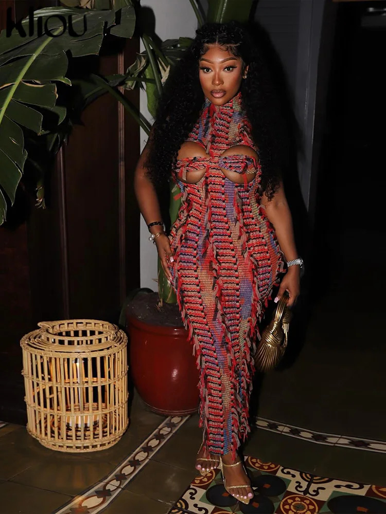 Kliou Panelled Tassel Midi Dress Womens Unique Backless Sleeveless Sexy Cleavage Skinny Vestitos Amazing Street Party 250320