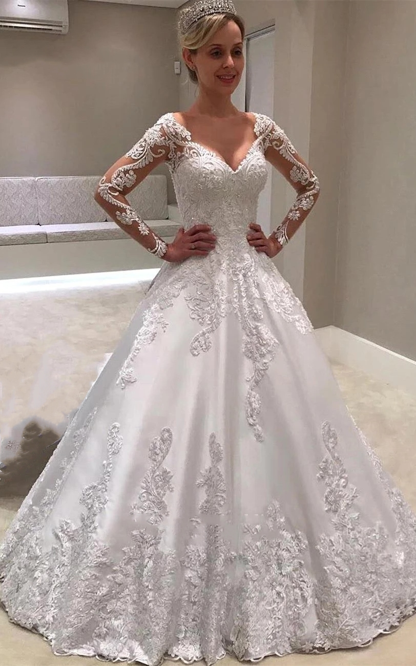Elegant Satin A-Line Wedding Dresses Long Sleeves Lace Appliques V-neck Illusion Back Buttons Classic Bridal Gowns Sweep Train 2025