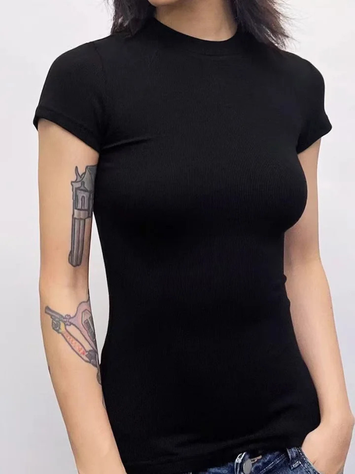 Basic Solid Simple Top Short Sleeve Skinny Tshirt Summer Casual Tee Shirt for Women Y2K Vintage Tops Slim Harajuku Streetwear 250311