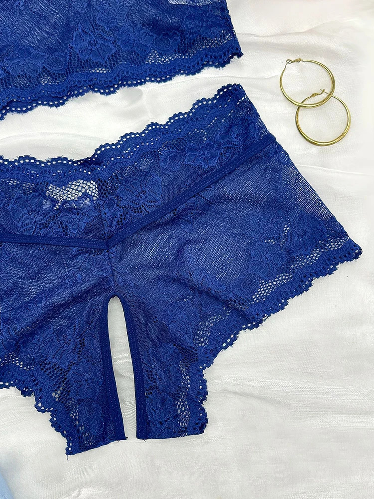 Sensual Lingerie Transparent Lace Bra Kits Crotchless Female Underwear Set Dark Blue Hollow Exotic Sets Tempation Intimate Goods 250320