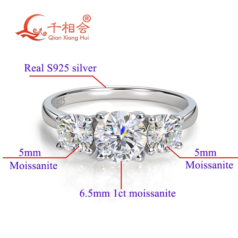 1ct 6.5mm with 5mm three stone 925 Silver ring D VVS white moissanite eternity band rings jewelry gift wemon wedding