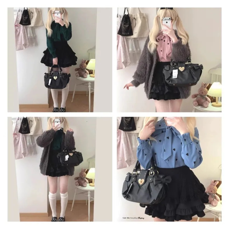 Sweet Bow Lolita Pink Handbag Wallet Womens Harajuku Love Heart Soft Crossbody Bag Kawaii Large Capacity Shoulder 250320