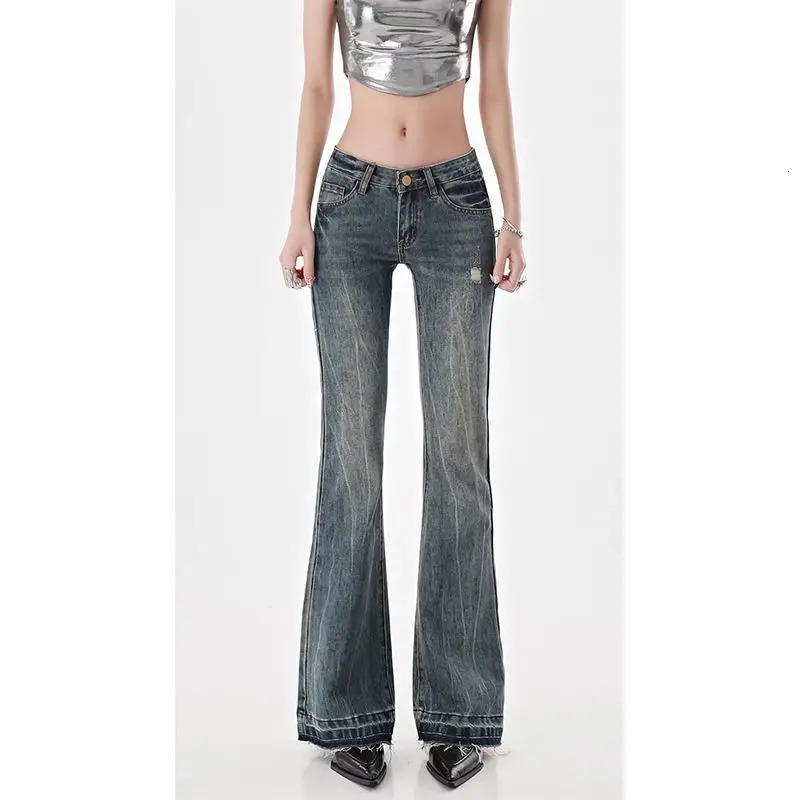American High Street Spicy Girls Low Waist Jeans Women Autumn Vintage Y2k Sense Slim Fit Straight Tube Micro Flare Pants 250320