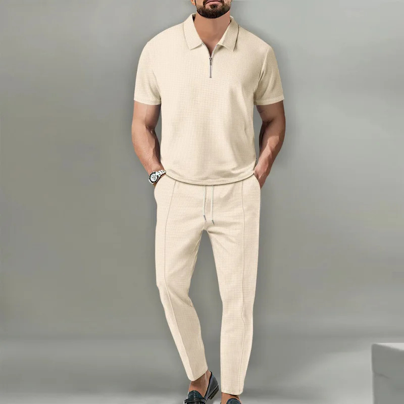 2-piece set of Spring and Autumn mens solid color set waffle collar short sleeved zipper pants set 250320