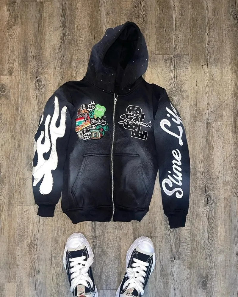 American Fashion Retro Letter Zipper Sweatshirt with Personality Loose and Oversized Hoodie Casual Versatile Clothing 250317