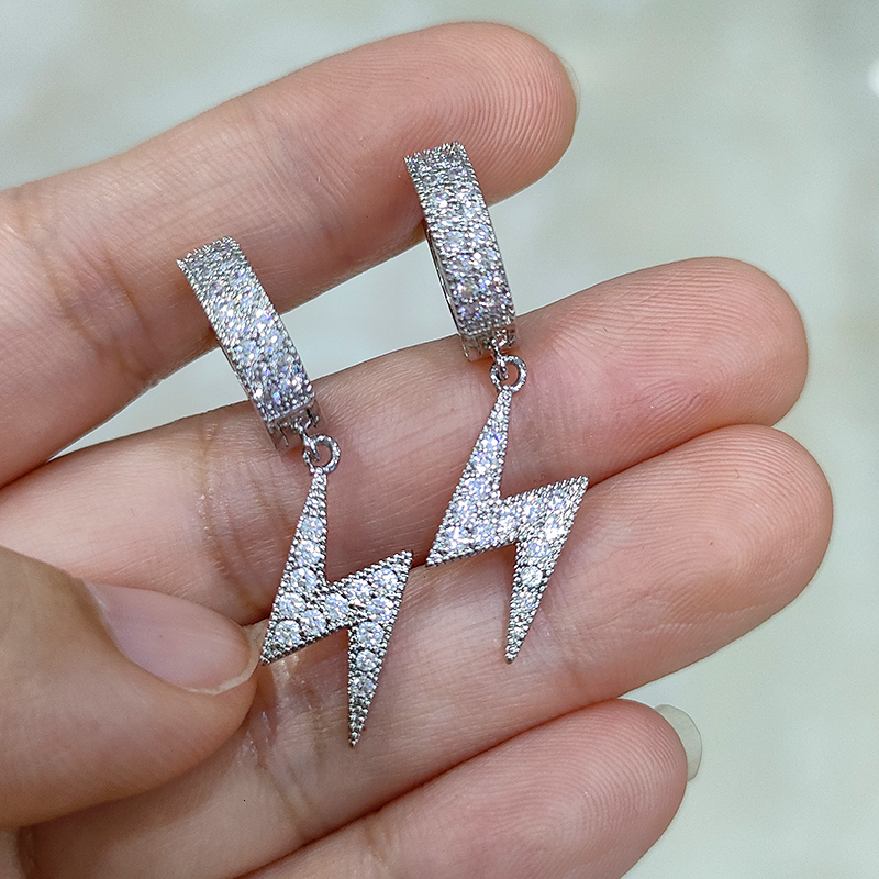 20mm Lightning Shape S925 Silver Ear Studs with D VVS White Moissanite Stone Jewelry Gift for Women