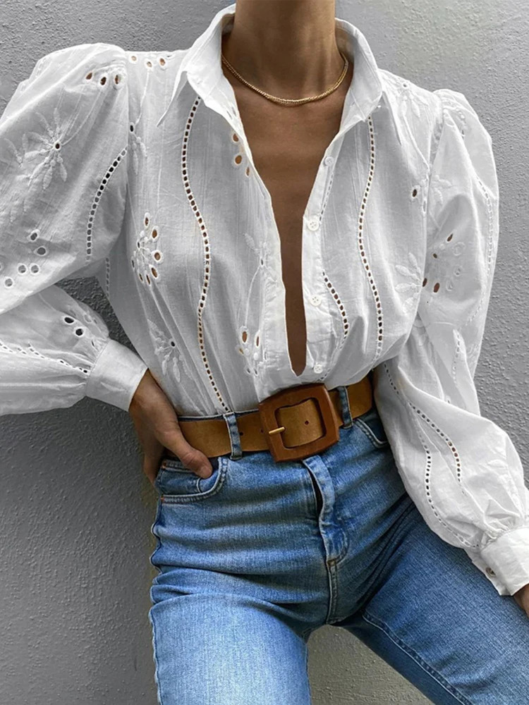 Womens Long-sleeved Hollow Out Button Office Wear ShirtsShirts BlousesWomen ClothingTops For WomenClothesWhite Shirts 250320