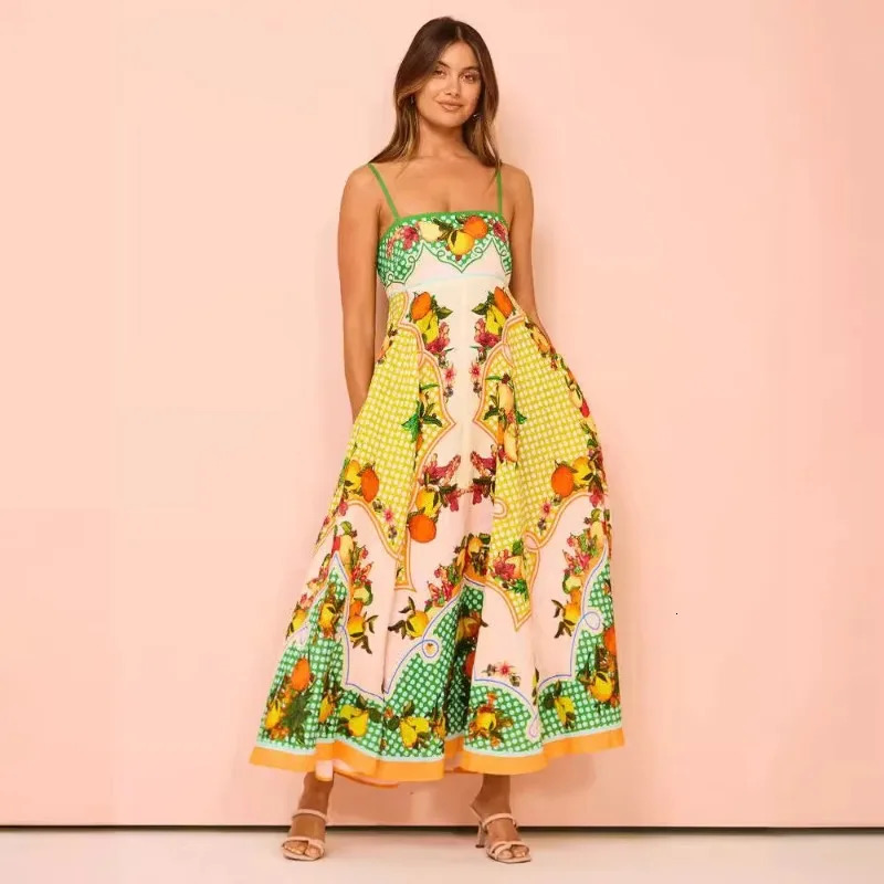 Womens casual lazy pine print Camisol long skirt beach vacation style dress summer arrival 250320