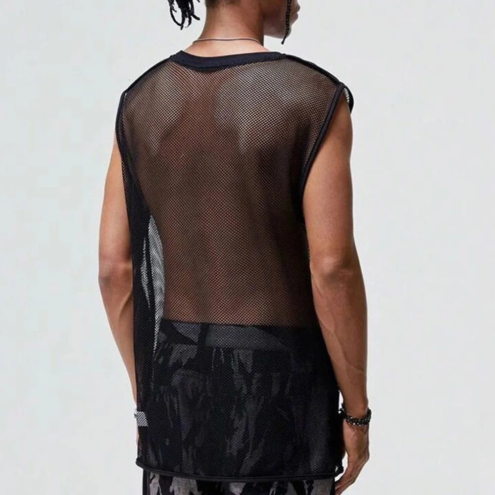 Mens vest with mesh hollow breathable sexy ultra-thin vest street clothing fashionable niche sports gym casual top mens clothing style 250318