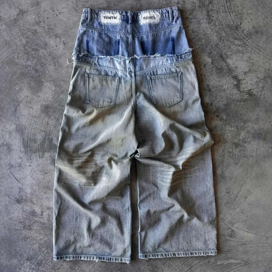 Street Hip Hop Edging Splicing Double Waist Piercing Rivet Loose Wide Leg Straight leg Jeans