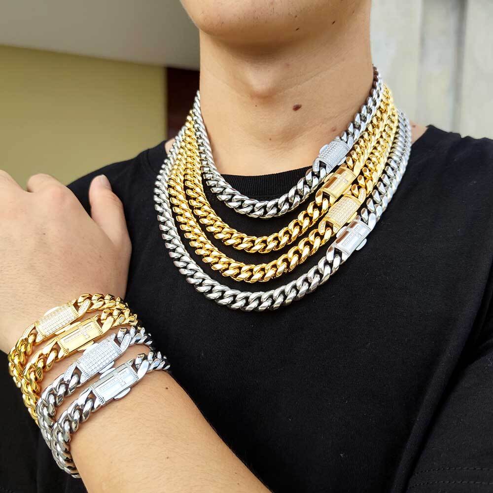 Hip Hop Jewelry 12mm Miami Stainless Steel PVD Cuban Link Necklace Iced Clasp Cuban Link Chain Free Engrave Drop Shipping