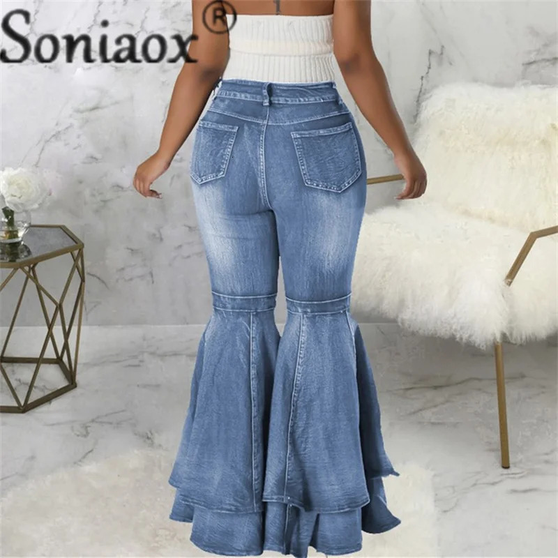 Fashion Splicing Layers Flared Jeans Women High Waist Comfortable Denim Pants Female Casual Stretch Wide Leg Trousers 250320