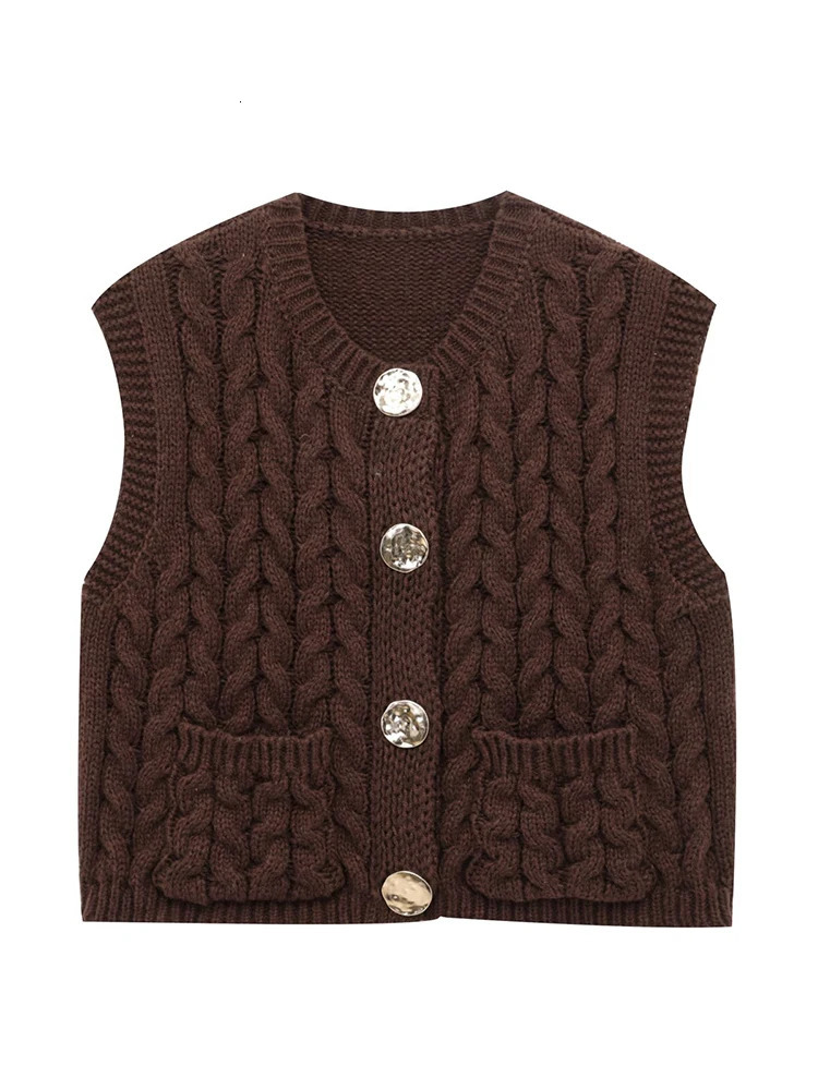 Vintage Women Sequined Buttons Cardigan Fashion Ladies Sleeveless Sweaters for Female Chic Clothes Cute Pockets Tops 250320