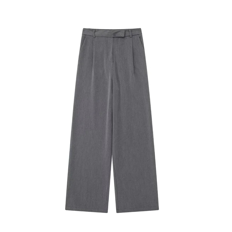 TRAF 2024 Womens Pants Beige Grey Black Wide Leg High Waist Pocket Fashion Summer Office 250320