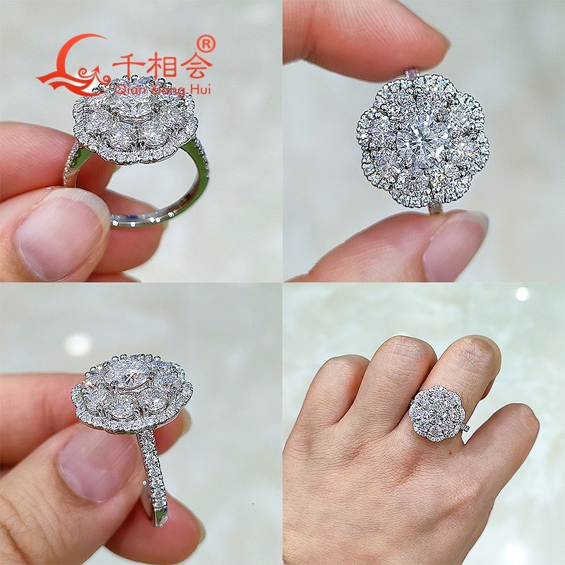 Sterling 925 Silver Flower Ring Half Band Moissanite Diamond Unisex Fine Jewelry Gift for Wedding And Dating