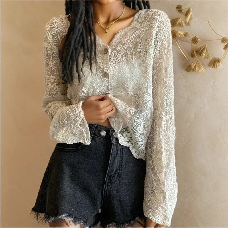 Itolin Womens Button Open Top Flash Sleeve T-shirt V-neck Ruffle Sweet Shirt Summer Lace Hollow Transparent T-shirt 250320