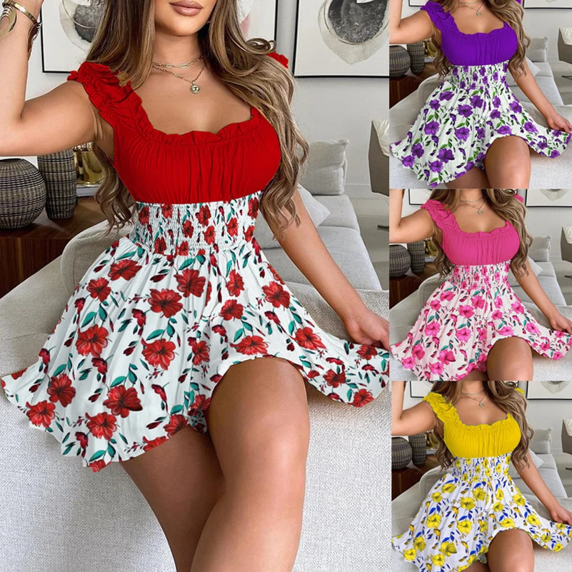 Womens Casual Round Neck Sleeveless Ruffles Mini Dress Boho Flower Print Beach Sundress Oversized Loose Dress Summer 250317
