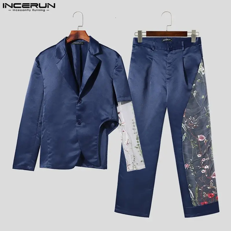 INCERUN American Fashion Mens Long Sleeve Set Jacket Pants Splicing Work Lace Flower Hollow Two Piece Set S-5XL 250318