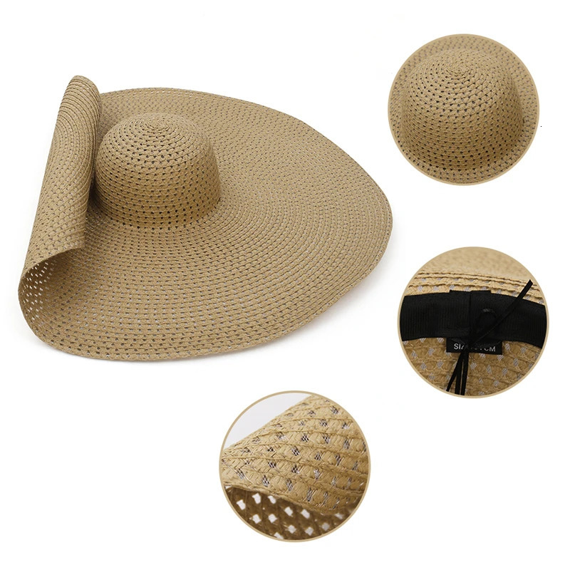 25CM Elegant Women Large Brim Sun Hat Outdoor Travel Hollow Out UV Protection Summer Straw Hat 250320