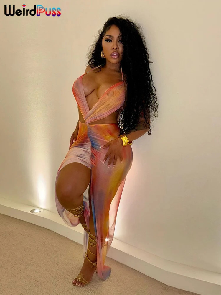 Weird Puss Irregular Ruched Dress Women Sexy Mesh Colorful Gradient Summer Trend Cross Backless Split Hollow Stretch Bodycon 250317