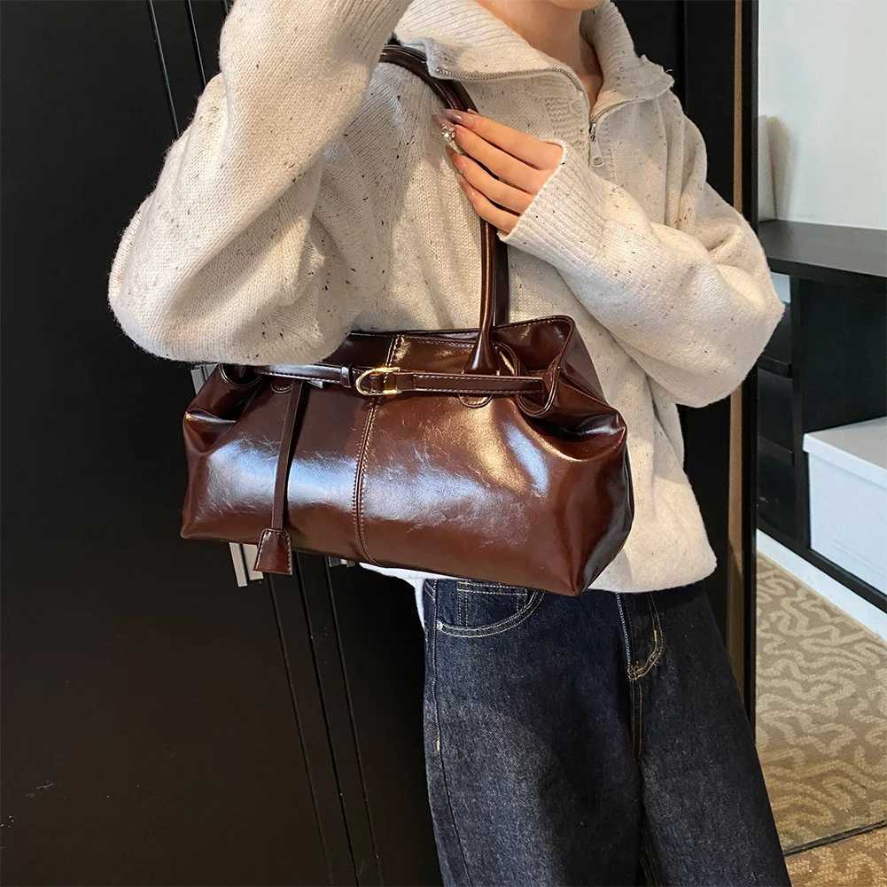 PU leather shoulder bag smooth top handbag vintage work bag fashionable womens bag shopping travel bag Y250320