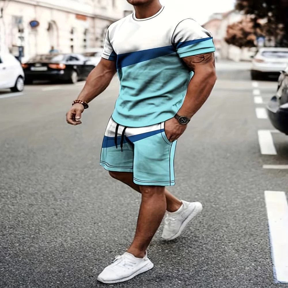 2025 Summer Mens Sportswear Loose Fashion Clothing 3D Printed Tshirt Shorts Simple Se 250320