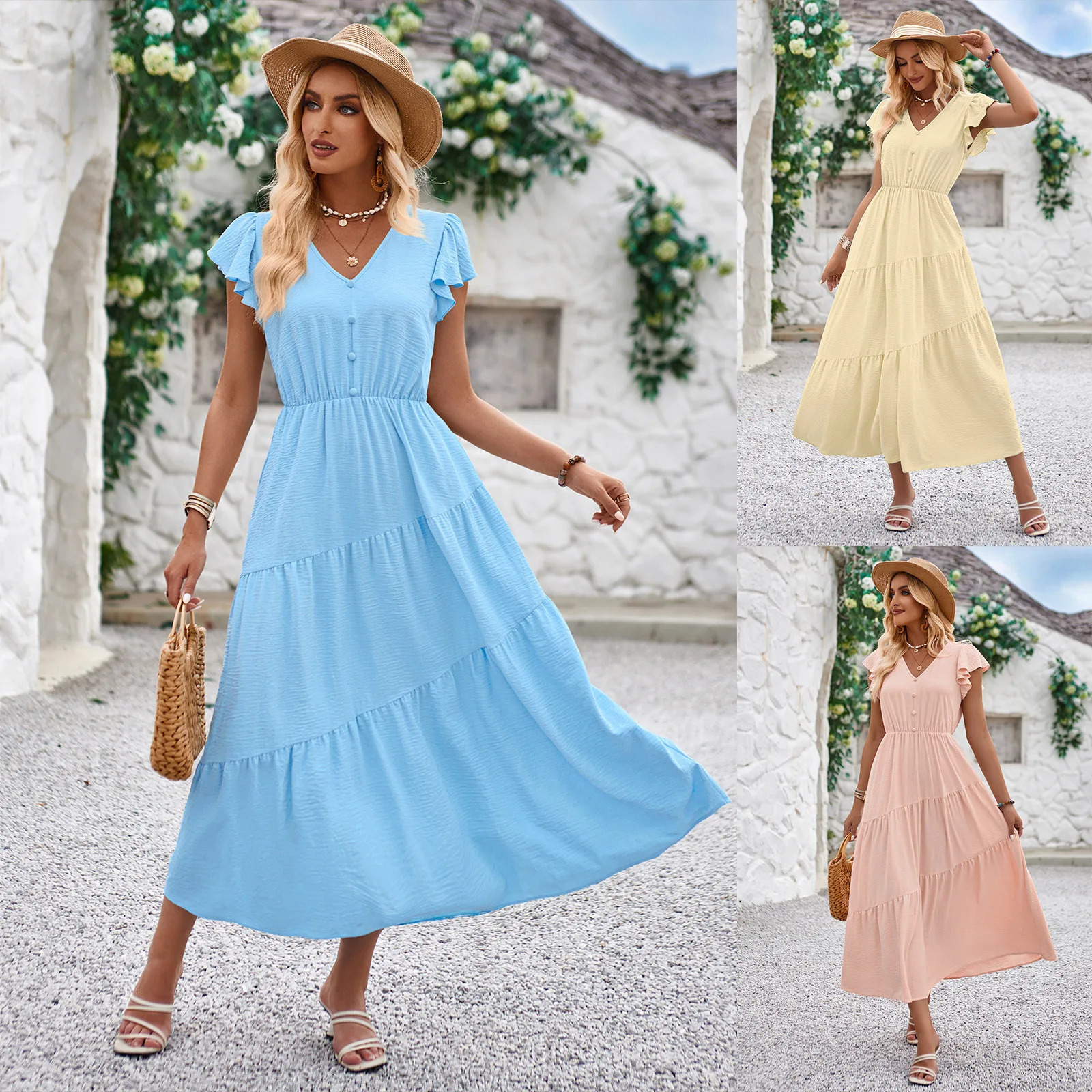 2025 Womens Long Summer Dress Button V-neck Short Sleeve Dress Solid Color Casual Beach Dress Big Swing Boho Beach Dress 250320