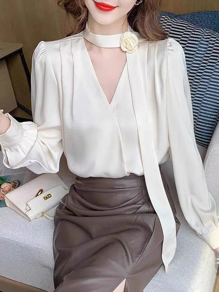 Temperament Satin Long Sleeve Blouse Women 2025 Spring Fashion Solid Color V-neck Fashionable Elegant Top Lady Shirts Chic 250320