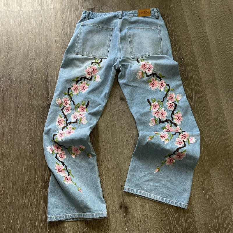 Y2K Sakura Jeans Cherry Embroidery Pattern Jeans Men Women Harajuku Retro High Street Casual Straight Leg Denim Pants Streetwear 250320