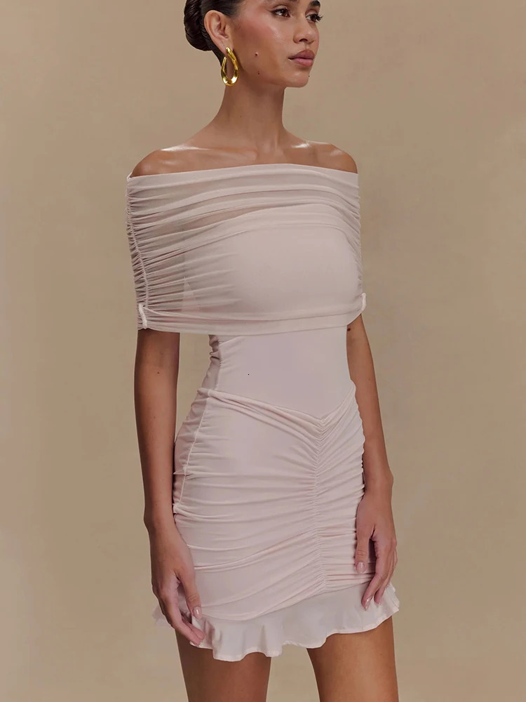 JULISSA MO Sexy Off Shoulder Mesh Women Mini Dress Pink See Through Ruffle Dress Female Spring Skinny Elegant Party Club Dresses 250320