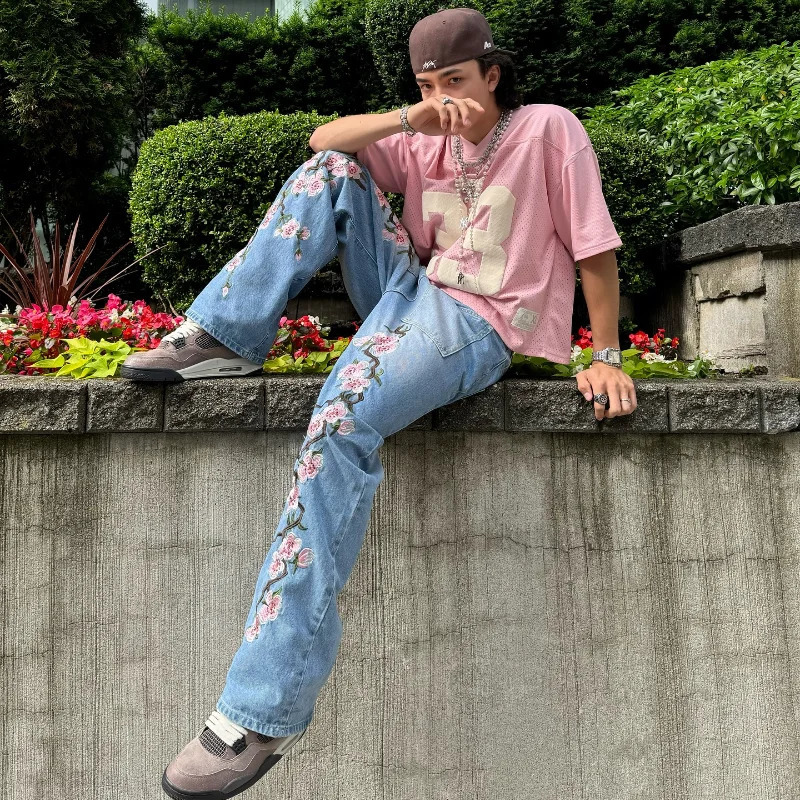 Y2K Sakura Jeans Cherry Embroidery Pattern Jeans Men Women Harajuku Retro High Street Casual Straight Leg Denim Pants Streetwear 250320